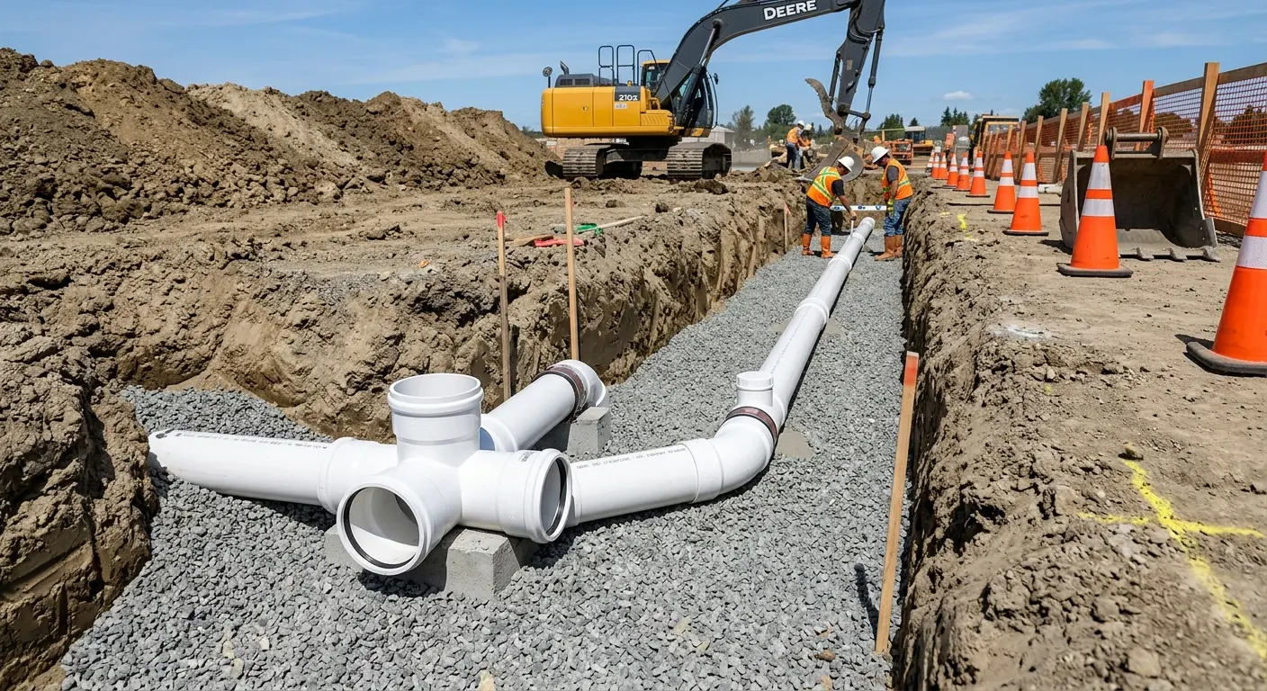 New PVC sewer pipe installation in open trench for Grease Trap Cleaning in Del City
