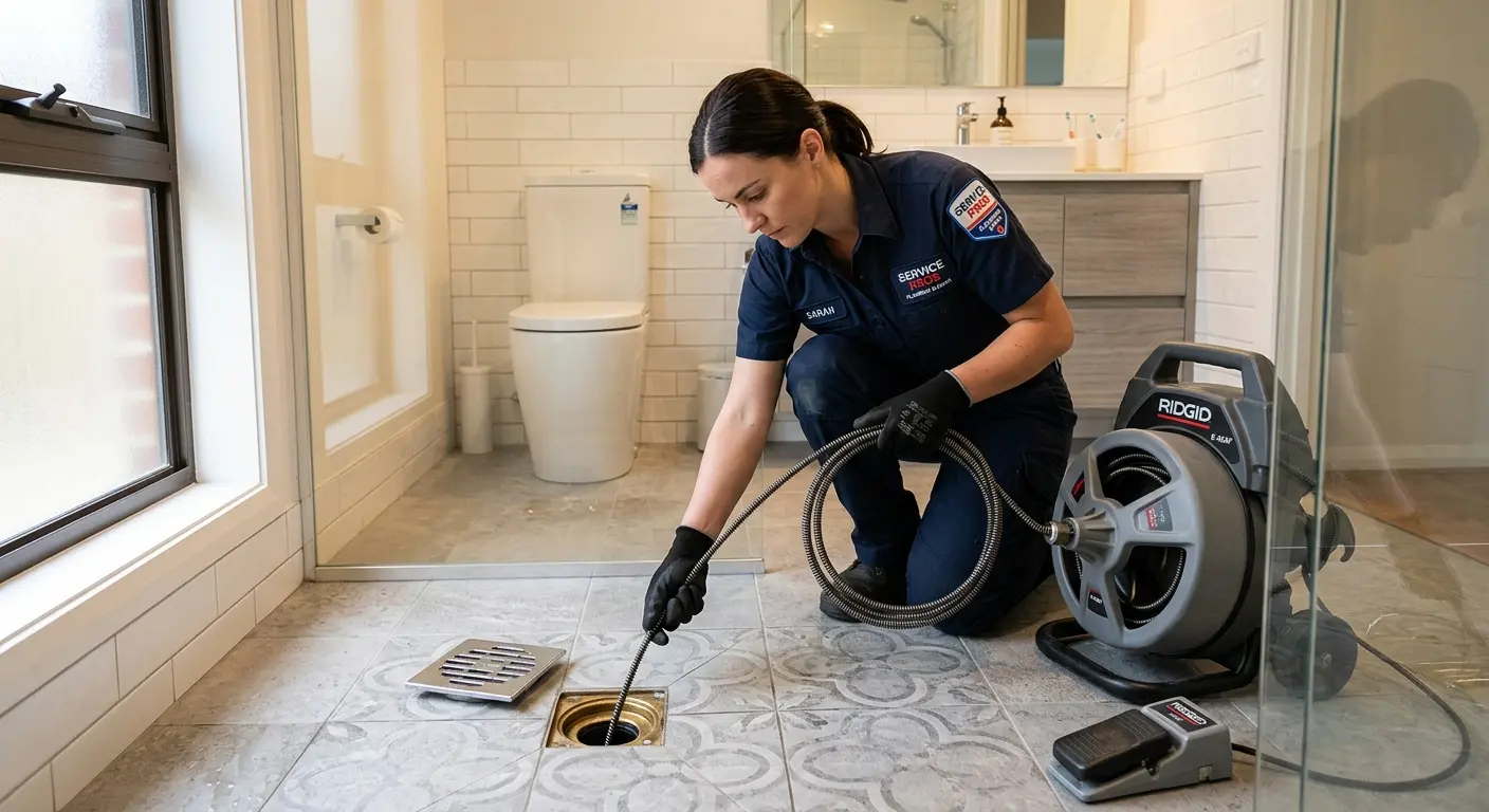 Technician clearing a bathroom floor drain for Sewer Line Installation in Del City